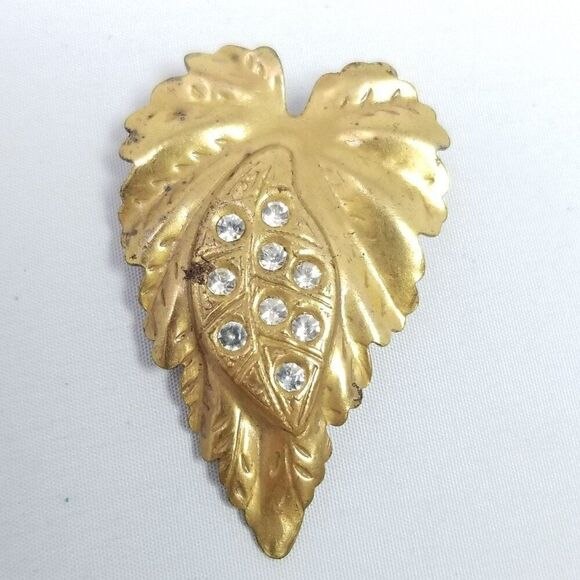 Vintage Gold Tone Leaf Shape Rhinestone Encrusted Dress Shoe Clip Brooch - Picture 6 of 6